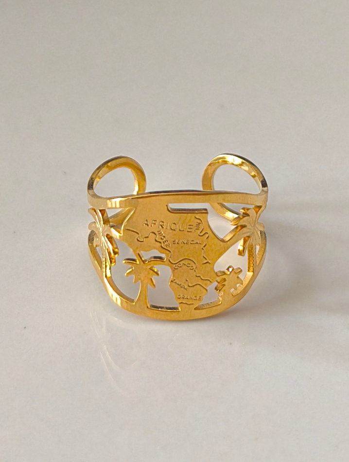 Bague Alkebulan dorée en acier inoxydable, carte d’Afrique ajourée
