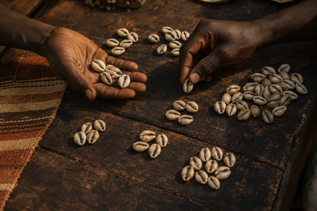 Des mains comptent des cauris autrefois utilisés comme monnaie en Afrique de l’Ouest