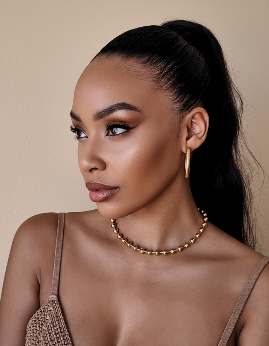 Modèle Amina portant un collier doré MOUN’ avec pendentif cauri, portrait poitrine 3/4, collection Colliers, style chic et symbolique.