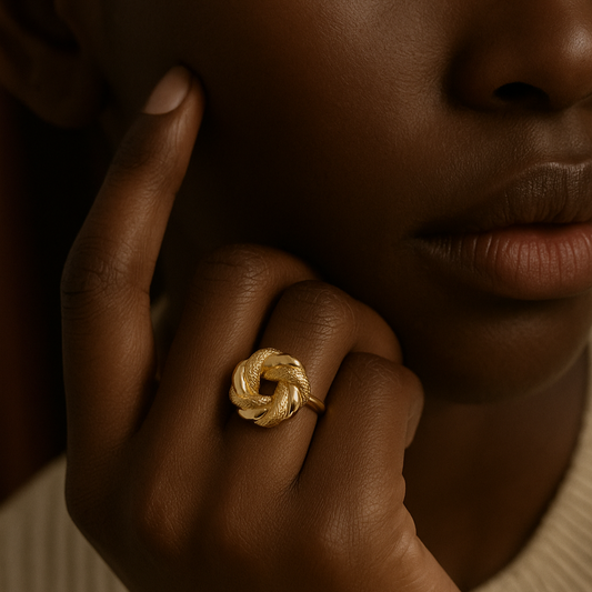 Bague portée Kanu dorée ajustable en acier inoxydable avec nœud entrelacé