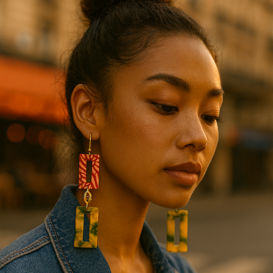 Boucles d’oreilles Grenadine-Orgeat longues et colorées en résine ajourée, portées par modèle féminin