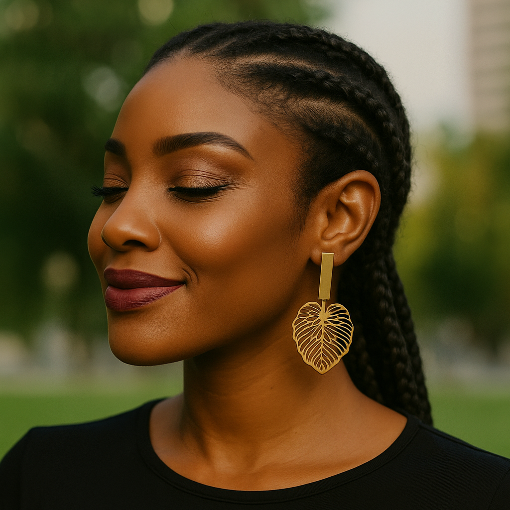 Boucles d’oreilles Nkara dorées portées, design végétal élégant