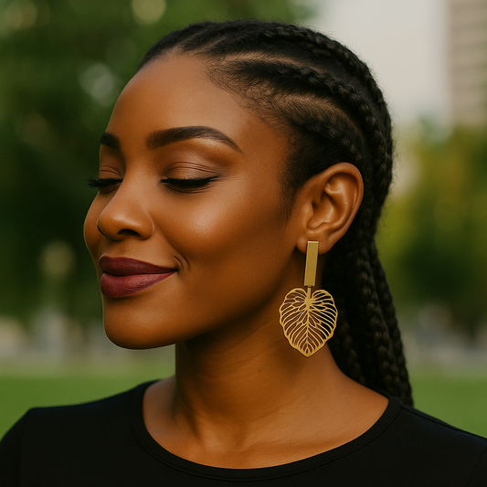 Boucles d’oreilles Nkara dorées portées, design végétal élégant