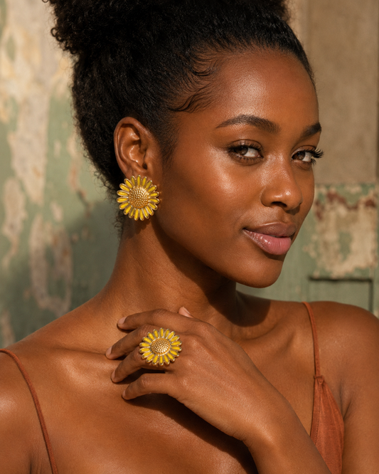 Parure Annlor — Bague et Boucles Fleur Émail Doré