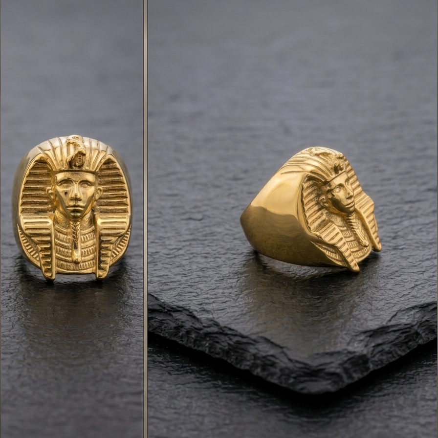 Kémet - Bague Tête de Pharaon Acier Inoxydable Doré