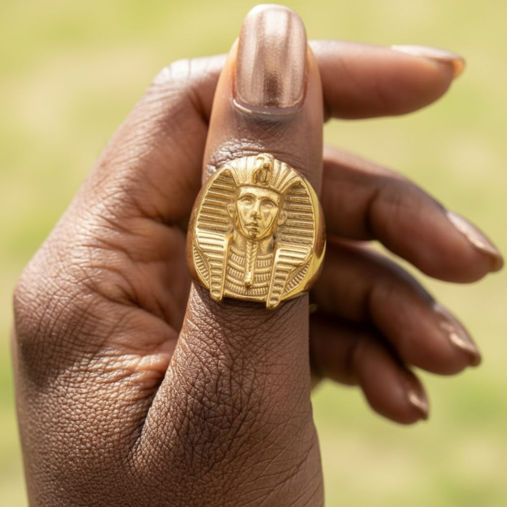Kémet - Bague Tête de Pharaon Acier Inoxydable Doré