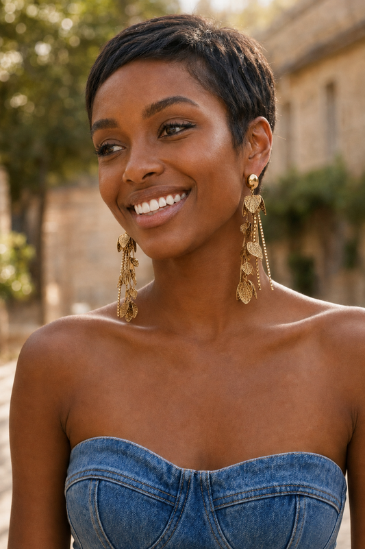 Boucles d’oreilles BALATA dorées portées à échelle réelle