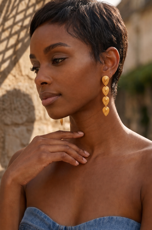 Boucles d’oreilles BANDIAGARA dorées portées à échelle réelle