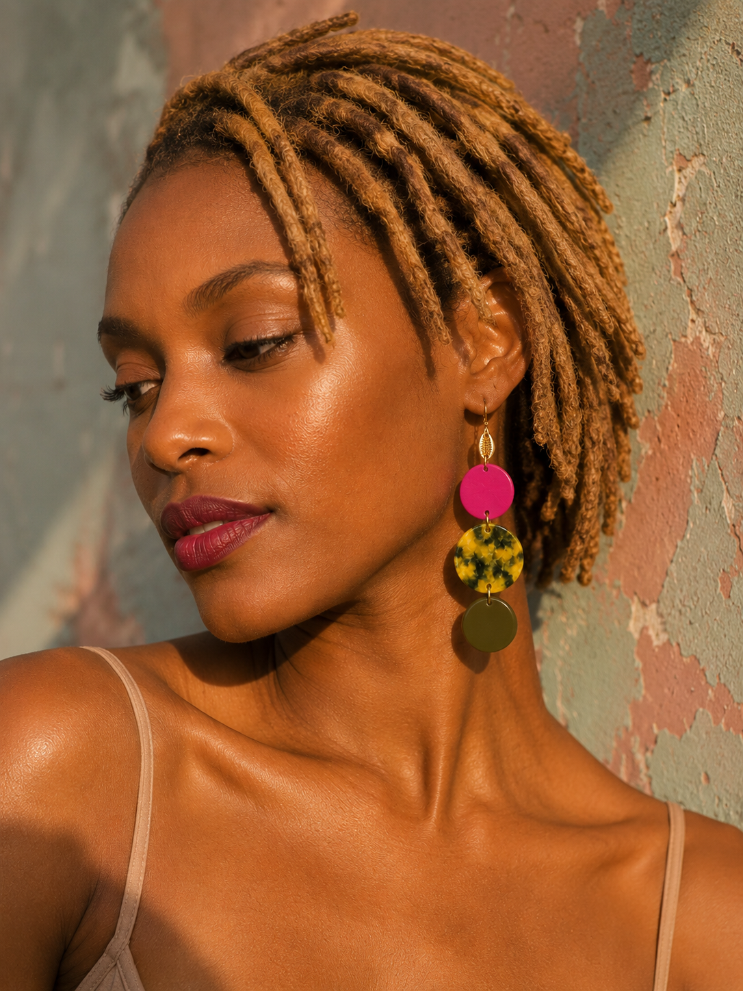 Boucles d'oreilles Mavuno Fuchsia portées
