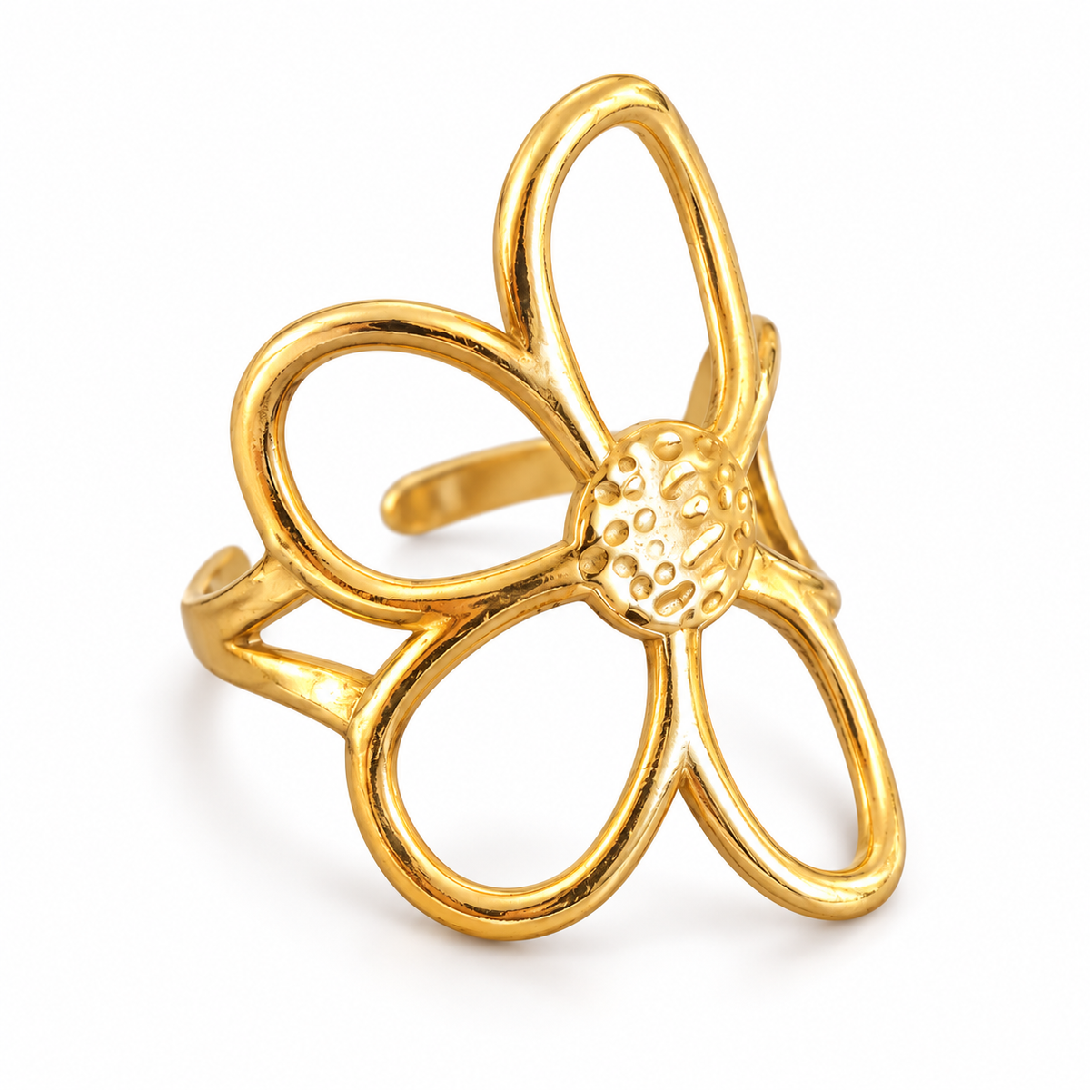 Bague FLORÈN fleur ajourée dorée sur fond blanc