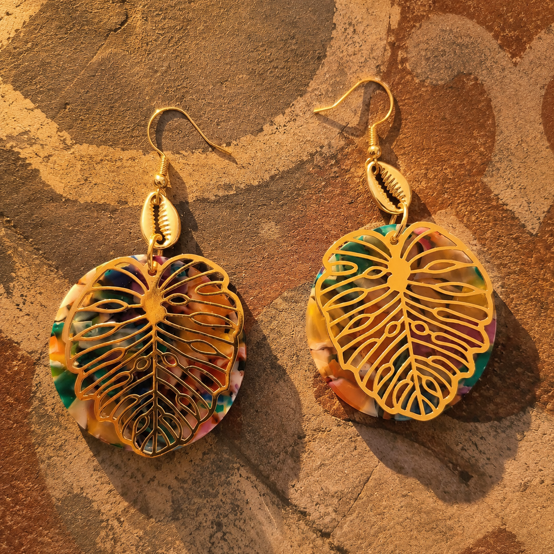 LEYA — Boucles d'oreilles feuille dorée acétate
