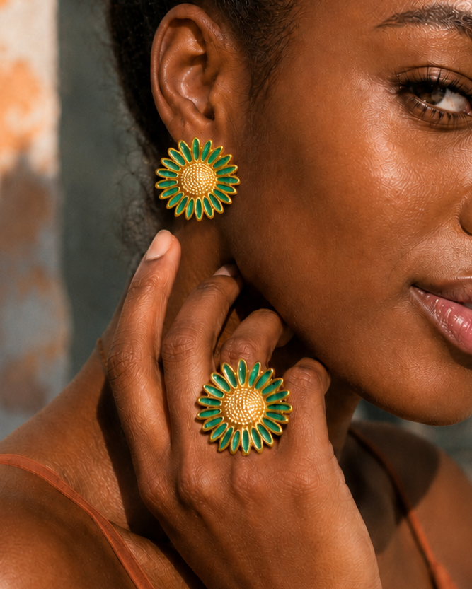 Parure Annlor — Bague et Boucles Fleur Émail Doré